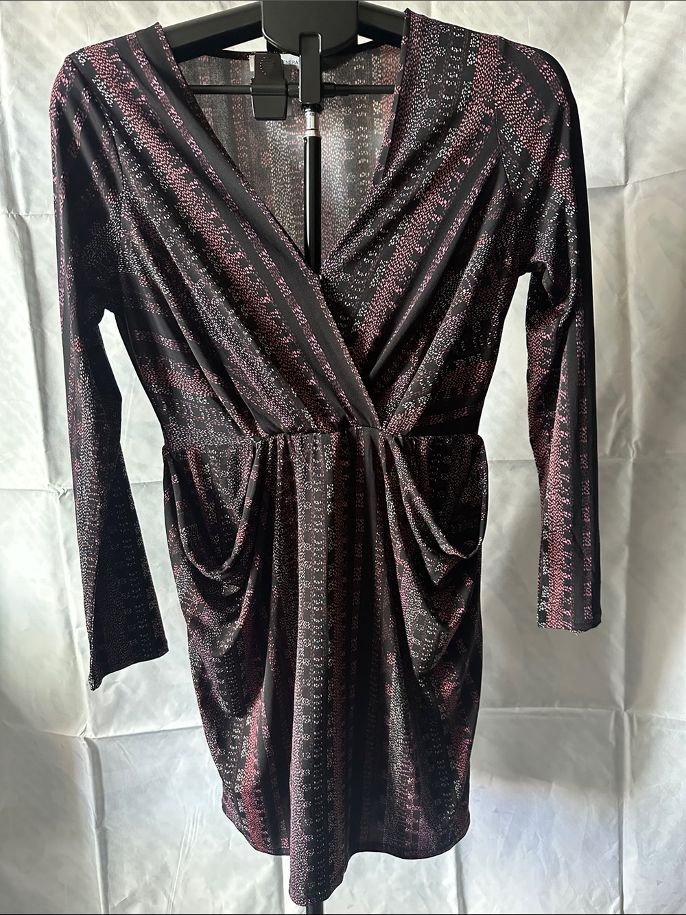 BCBGeneration Black and Pink Striped Long Sleeve Wrap Dress